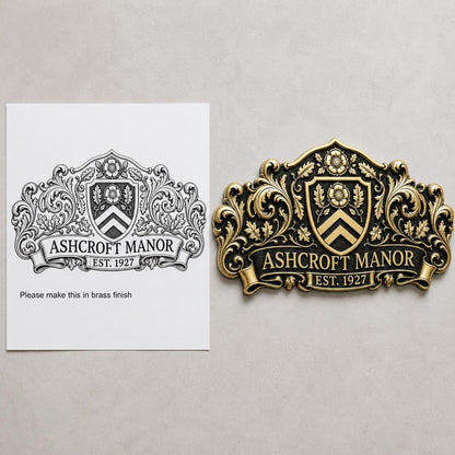 Wide Ashcroft Manor plaque in antique brass beside the black and white drawing it was made from
