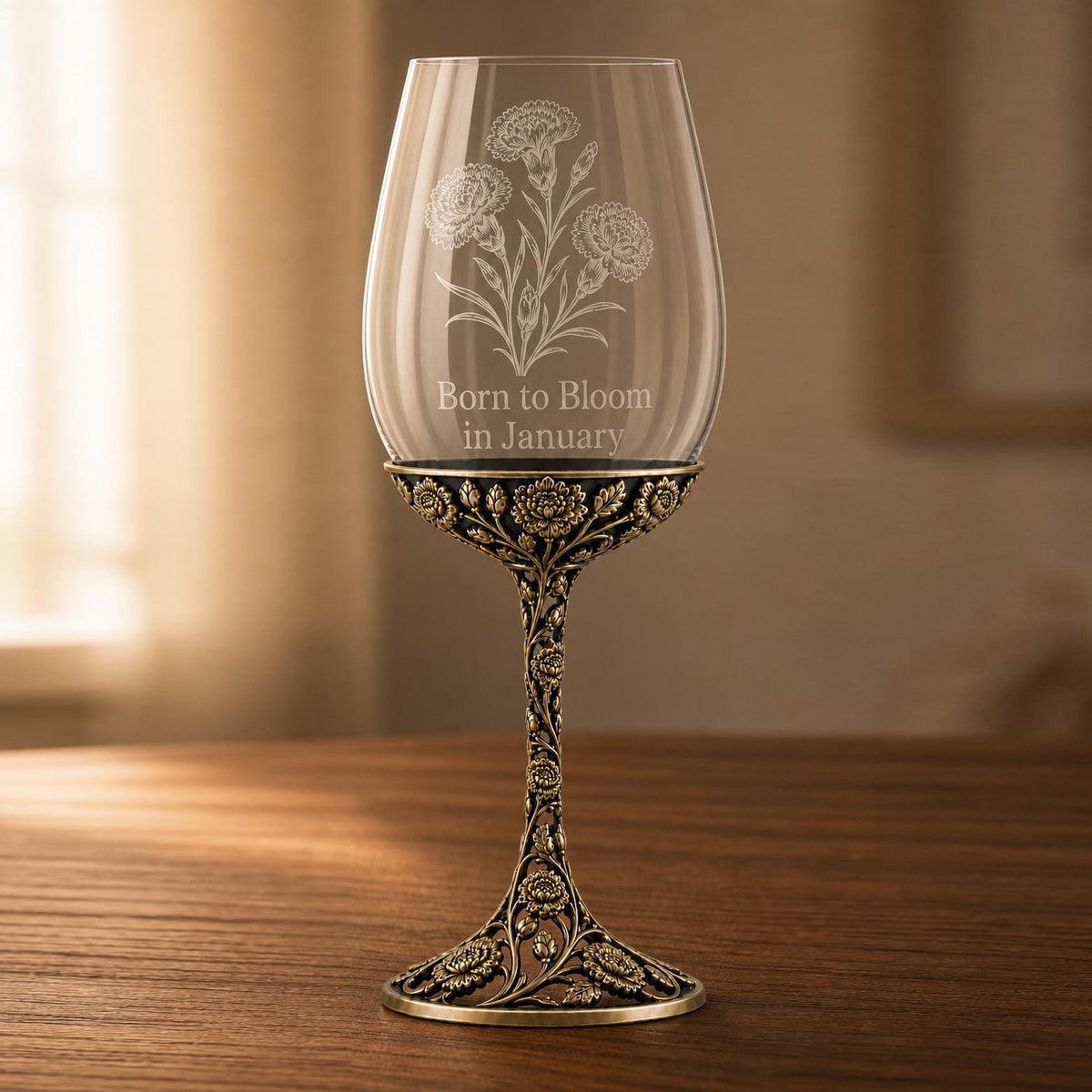 Personalised January Carnation Wine Glass, Custom Etching, Antique Brass Birth Flower Stemware