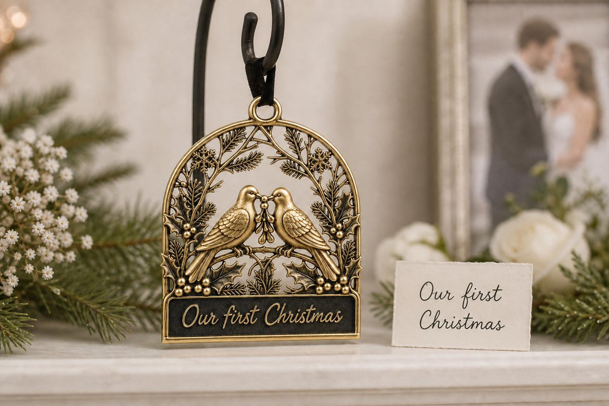 Large Personalized First Christmas Ornament | Couple Keepsake | Brass Dove Charm | Holiday Decor