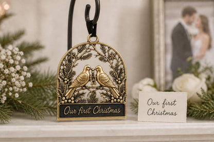 Large Personalized First Christmas Ornament | Couple Keepsake | Brass Dove Charm | Holiday Decor