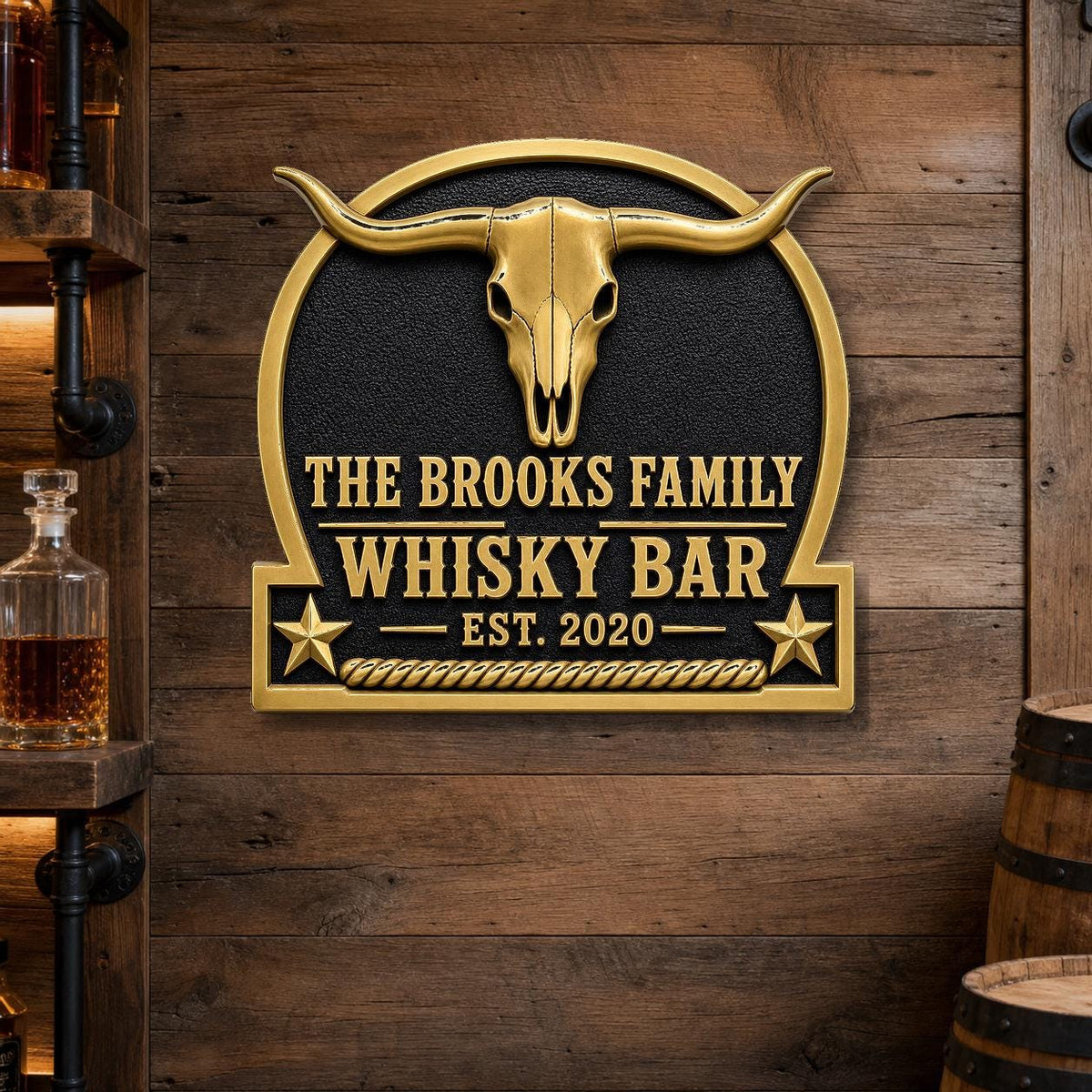 Personalised Longhorn Whisky Bar Plaque | Custom Western Ranch Sign | Handcrafted Brass Wall Decor