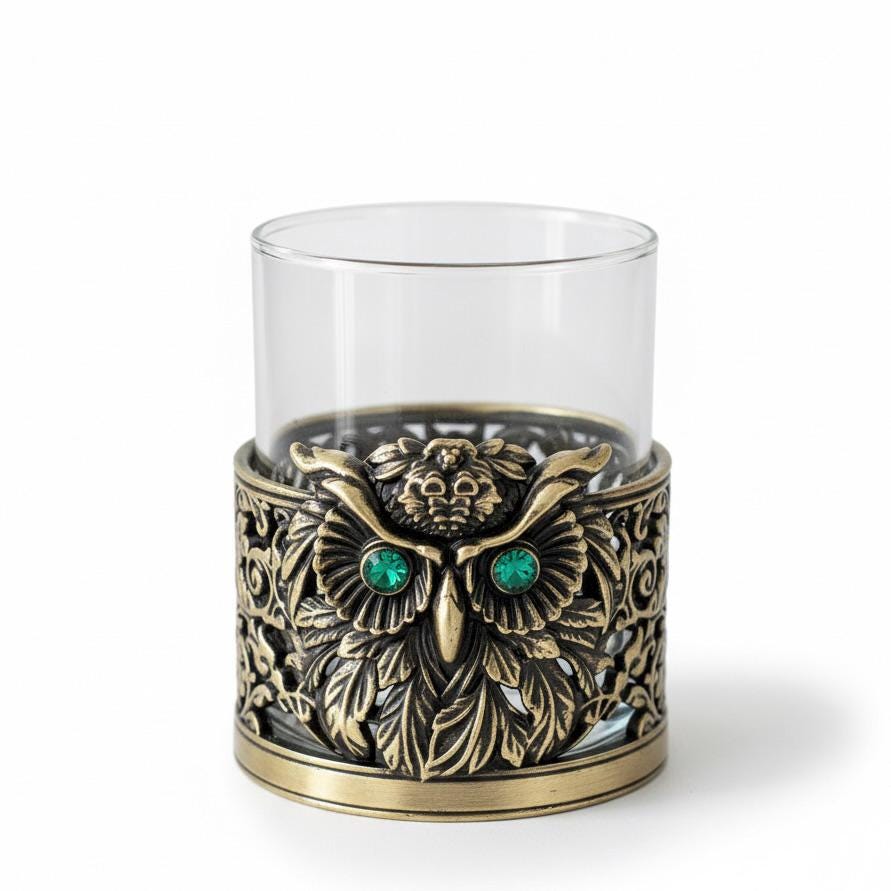 Gemstone Owl Whiskey Glass – Antique Brass Holder, 10 oz