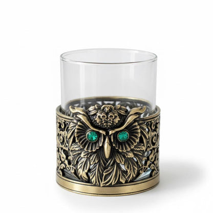 Gemstone Owl Whiskey Glass – Antique Brass Holder, 10 oz