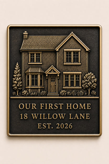 Custom House Portrait Plaque | Personalised Architectural Relief | Antique Brass Keepsake Gift
