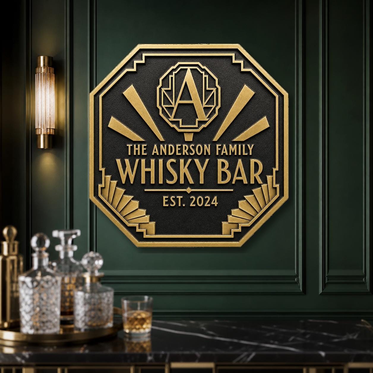 Personalised Art Deco Whisky Bar Sign | Custom Family Home Bar Plaque | Antique Brass Metal Wall Sign
