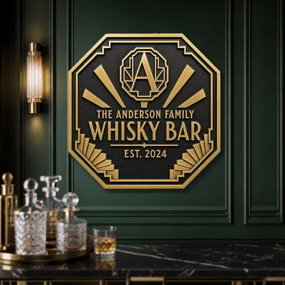 Personalised Art Deco Whisky Bar Sign | Custom Family Home Bar Plaque | Antique Brass Metal Wall Sign