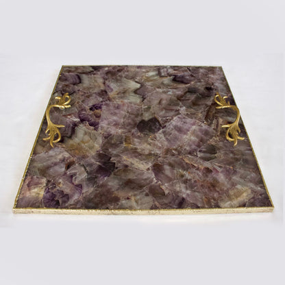 Amethyst Agate Serving Tray With Brass Handles | Square
