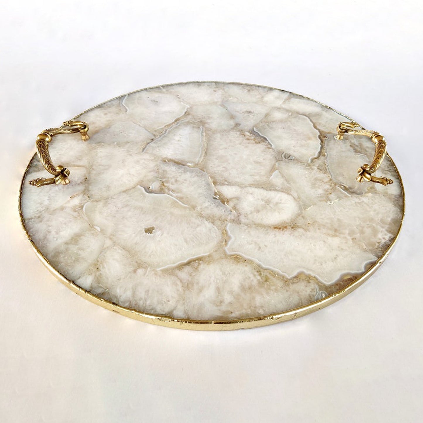 White Agate Serving Tray With Brass Handles | Circular |