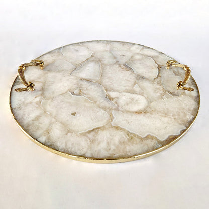 White Agate Serving Tray With Brass Handles | Circular |