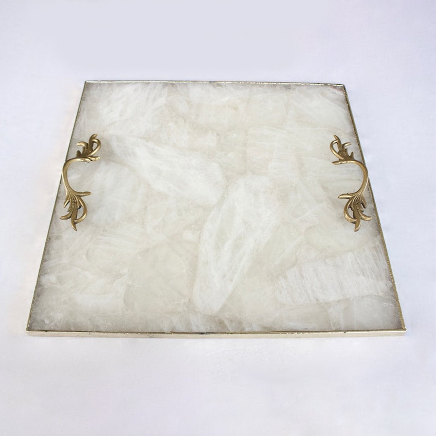White Agate Serving Tray With Brass Handles | Square