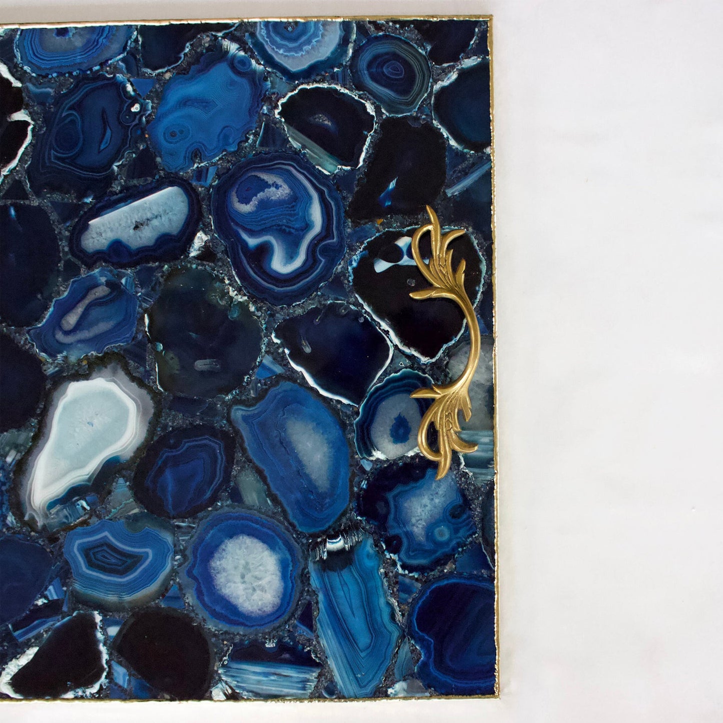 Blue Agate Square Serving Tray With Brass Handles | Square