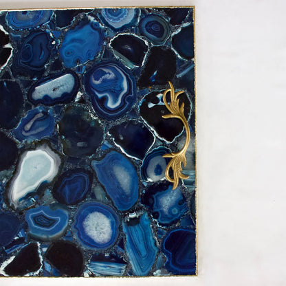 Blue Agate Square Serving Tray With Brass Handles | Square