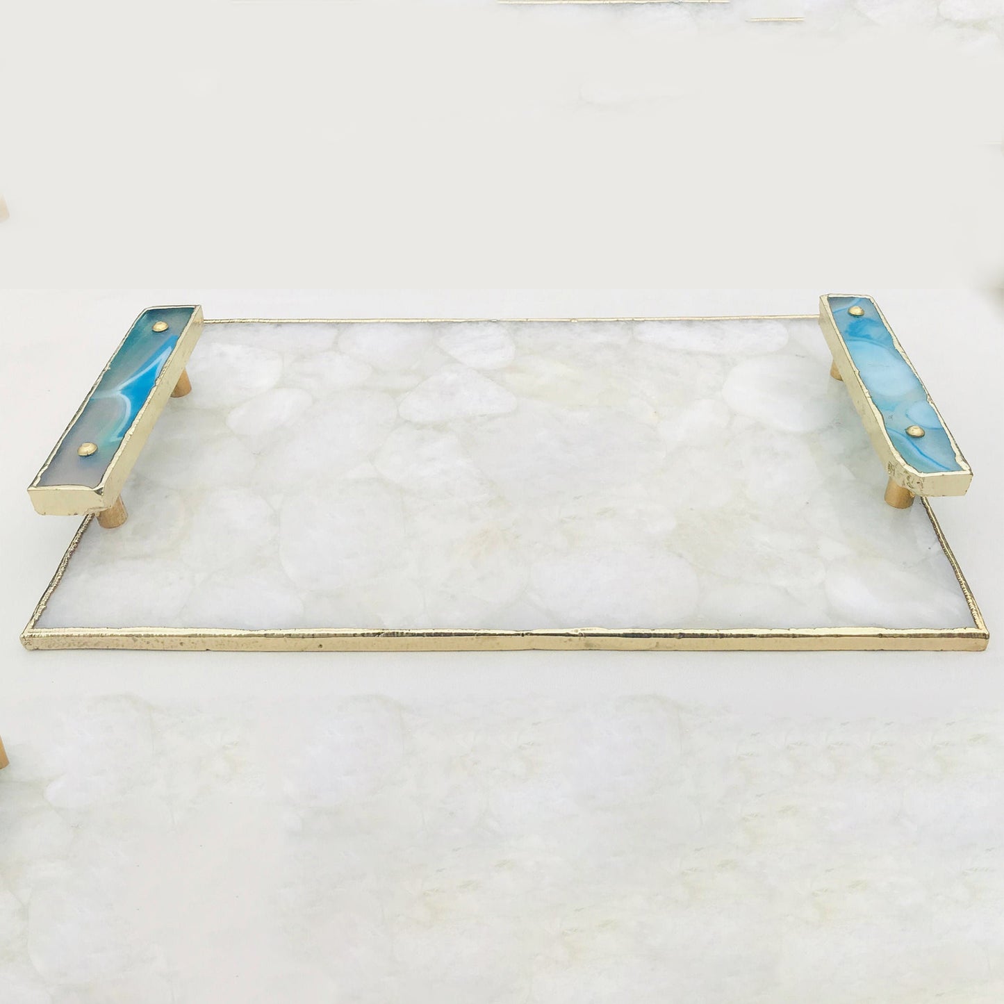 White Crystal Agate Plated Serving Tray With Blue Agate/Onyx Handles/Personalised Momentos/Sign Boards