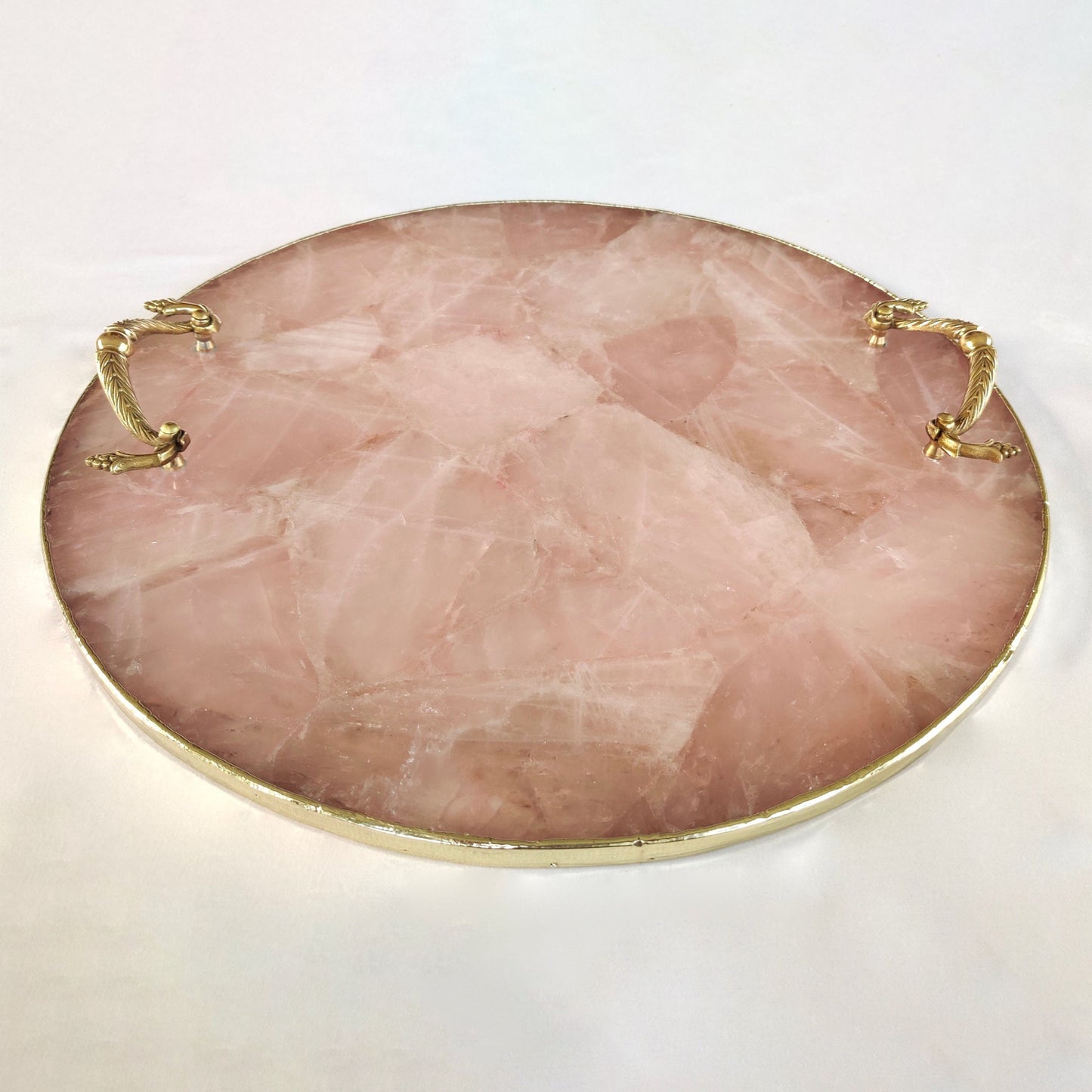 Rose Quartz Agate | Serving Tray With Brass Handles | Circular |