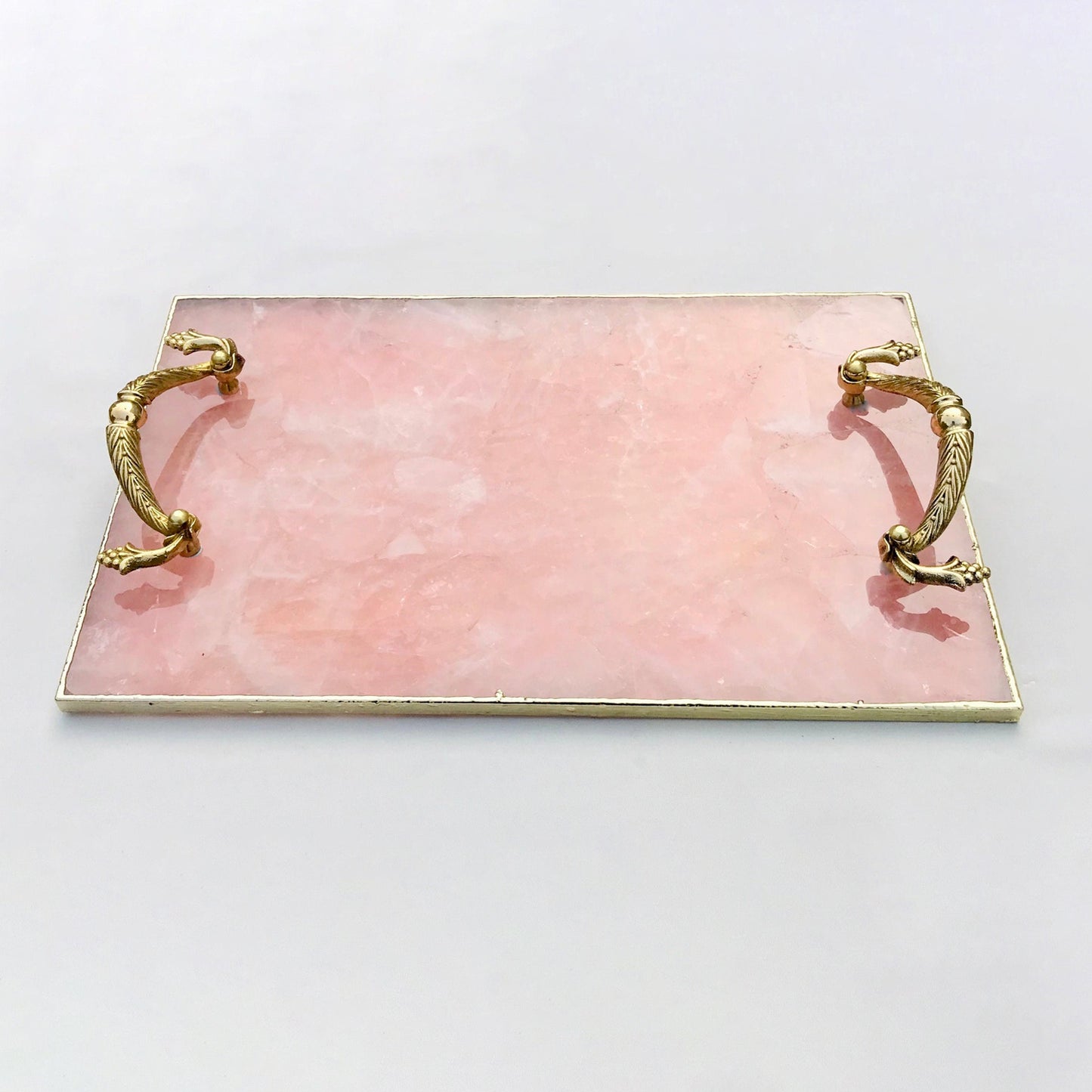 Rose Quartz Agate Serving Tray With Brass Handles