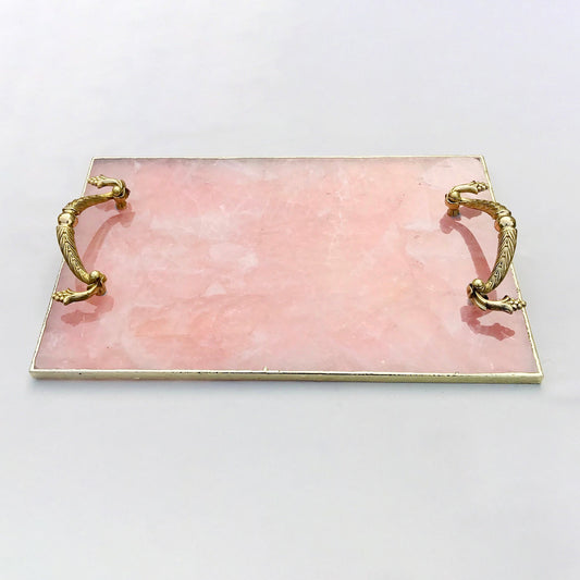 Rose Quartz Agate Serving Tray With Brass Handles