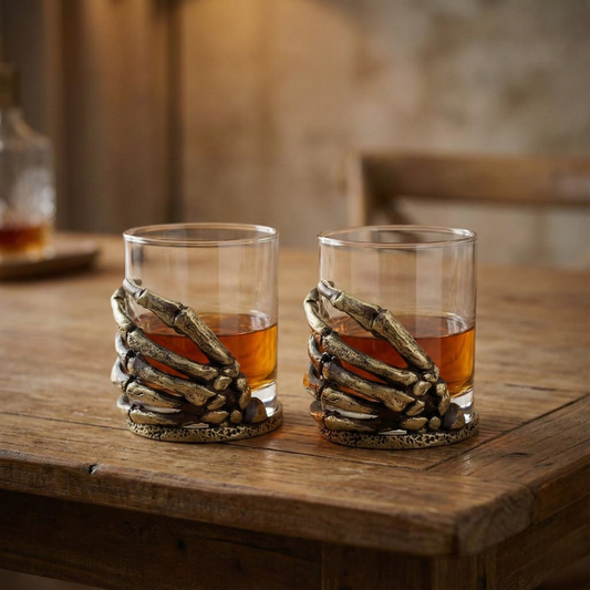 Set of 2 & Set of 4 - Skeleton Hand Whisky Glasses | Juice Glasses | Drinkware | Statement Barware | Halloween Glasses | Gold, Silver or Antique Finish