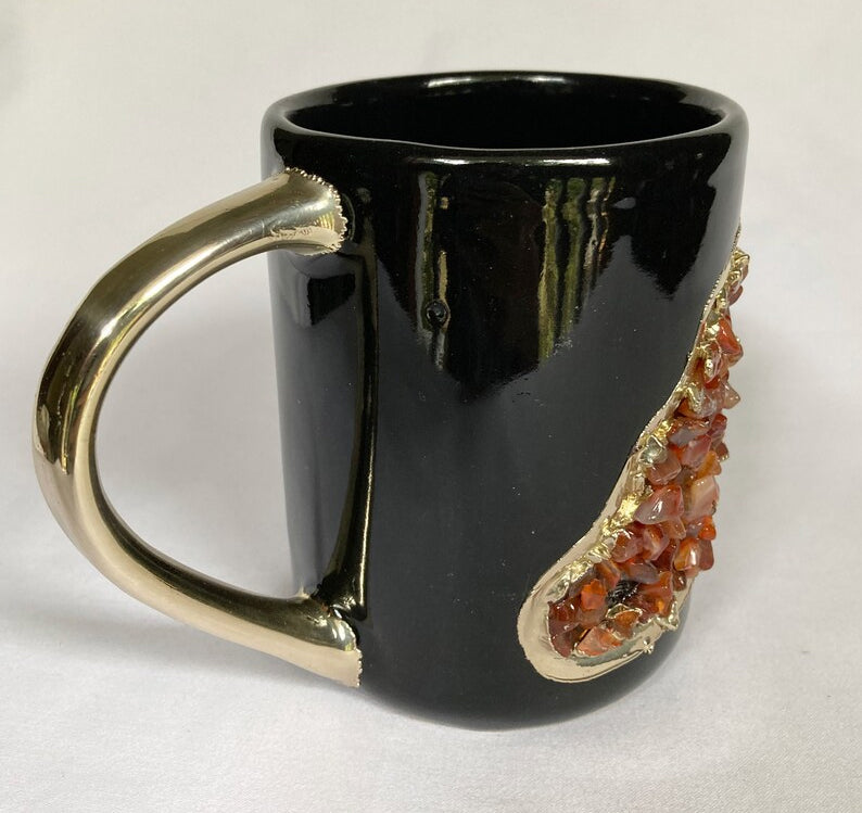 Set of 2 |Black and Gold Ceramic Big Coffee/Tea/Juice/Beverage Mug with Red Semi-precious Agate Crystal | 12 oz/355 ml