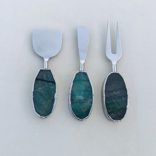 Set of 3 Green Agate Cheese Knives/Spreaders