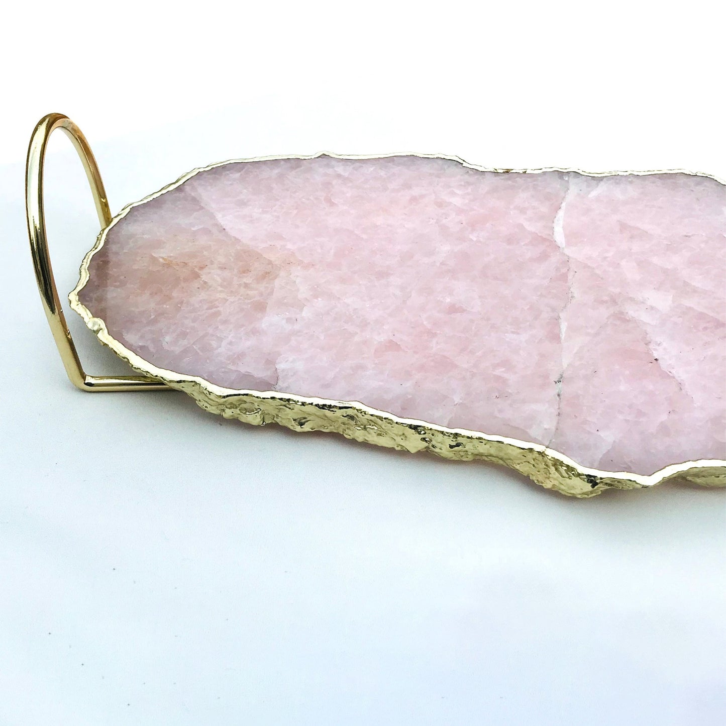 Rose Quartz Agate Serving Tray With Brass Loop Handles