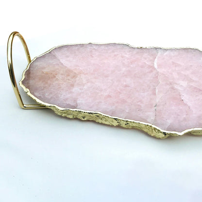 Rose Quartz Agate Serving Tray With Brass Loop Handles