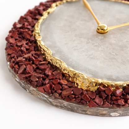 6" Diameter Burnt Red Crystal With White Agate Wall Clock
