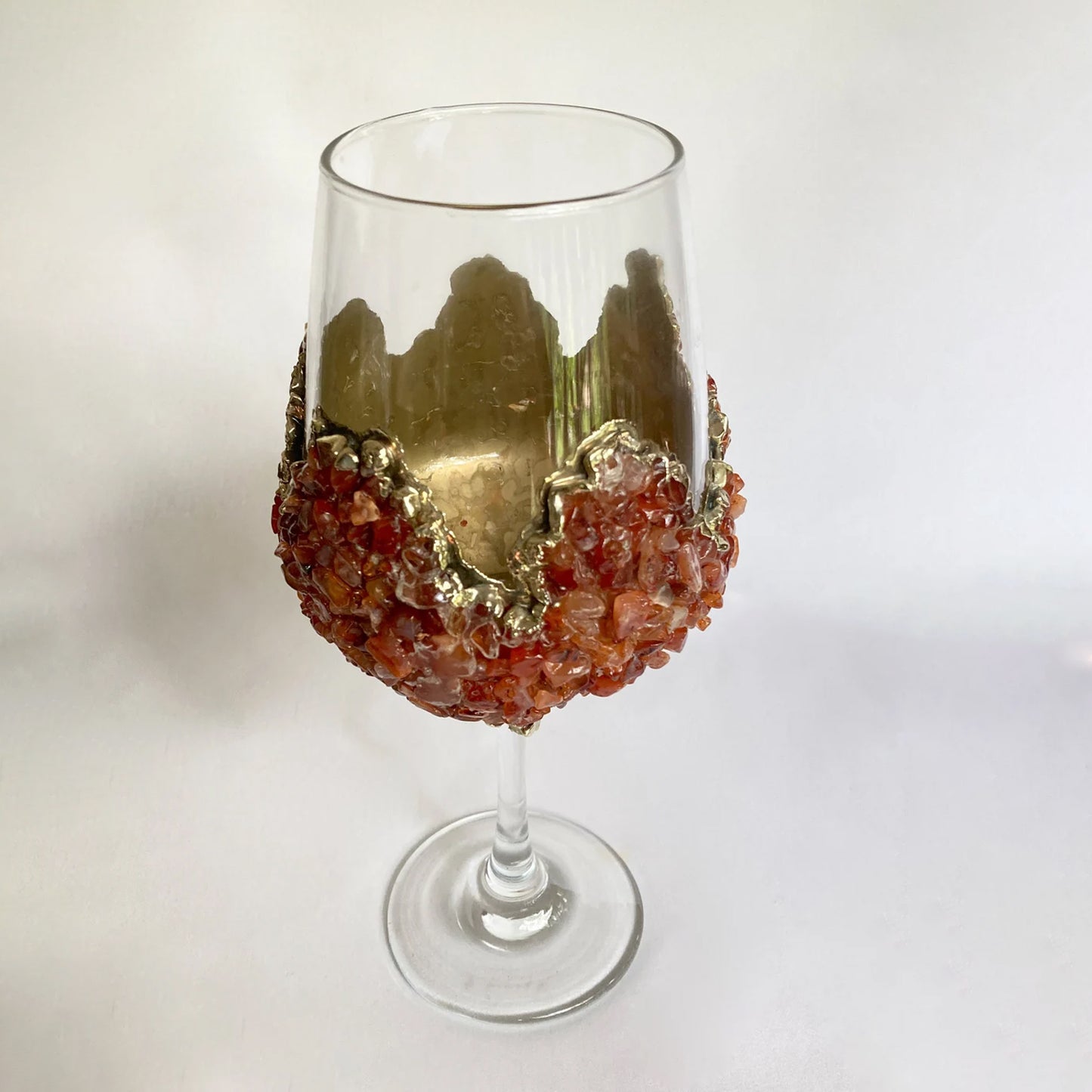 Set of 2 |Crystal Wine Glasses with Gold Plated Red Agate/Quartz Semi-precious Crystals | 16 oz/465 ml