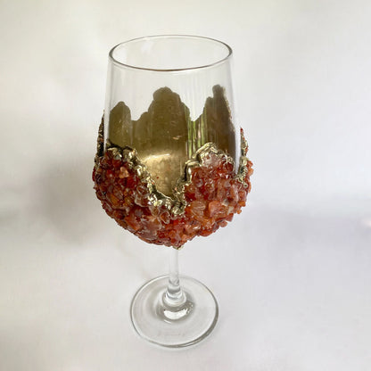 Set of 2 |Crystal Wine Glasses with Gold Plated Red Agate/Quartz Semi-precious Crystals | 16 oz/465 ml