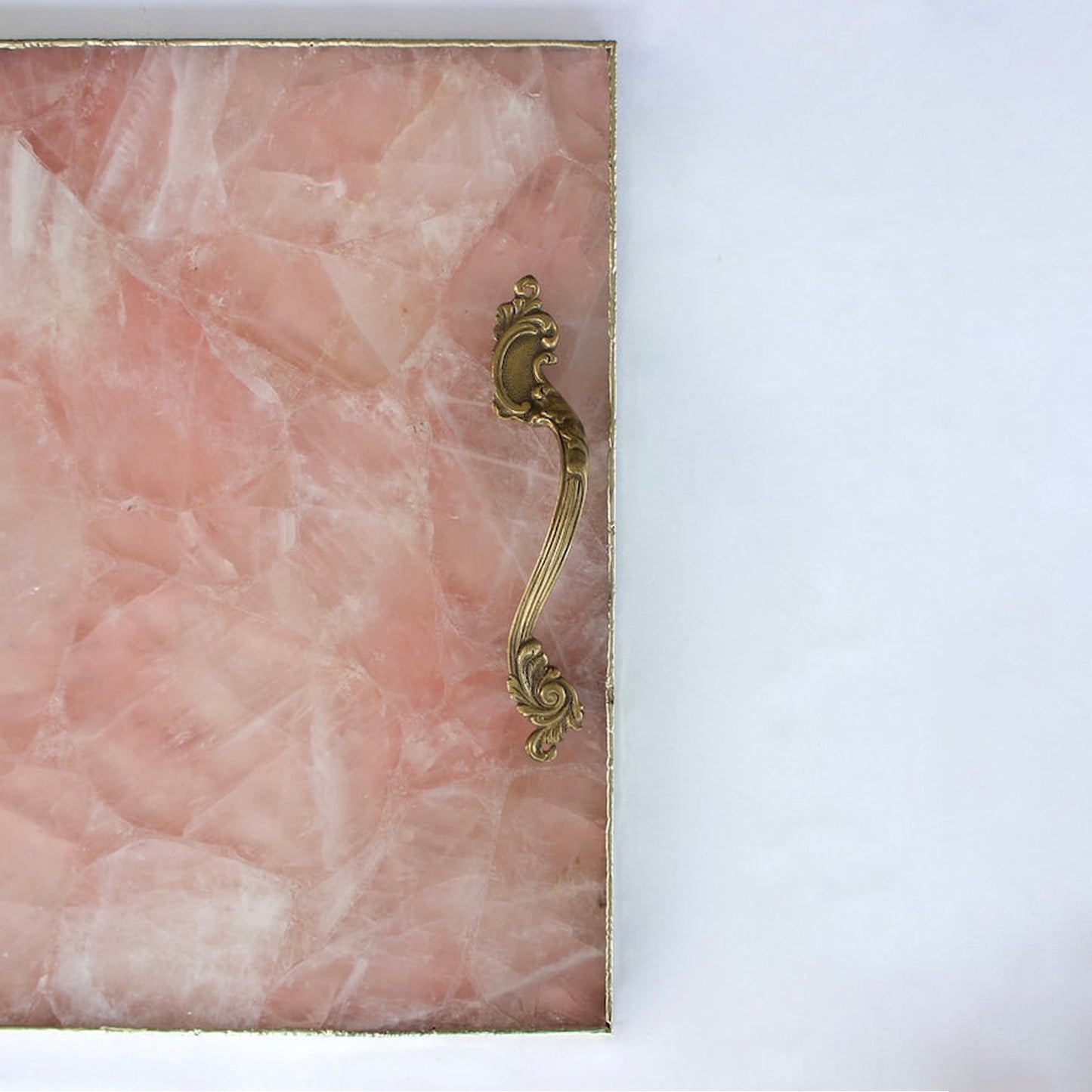 Rose Quartz Agate Serving Tray With Brass Handles | Square