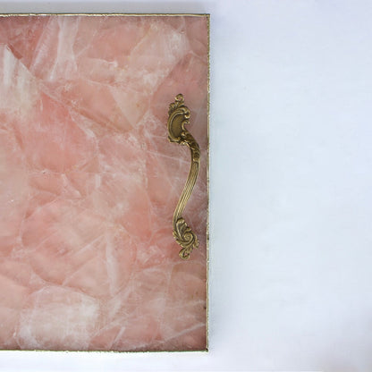 Rose Quartz Agate Serving Tray With Brass Handles | Square