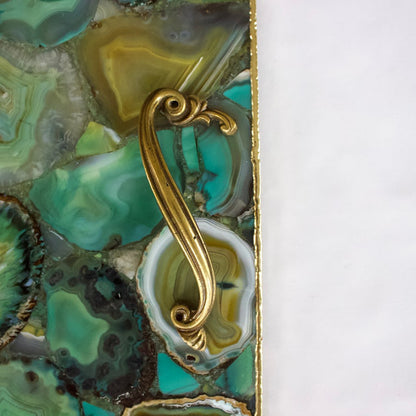 Light Green Agate Serving Tray With Brass Handles | Square