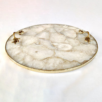 White Agate Serving Tray With Brass Handles | Circular |