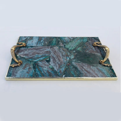 Green Aventurine Agate Serving Tray With Brass Handles