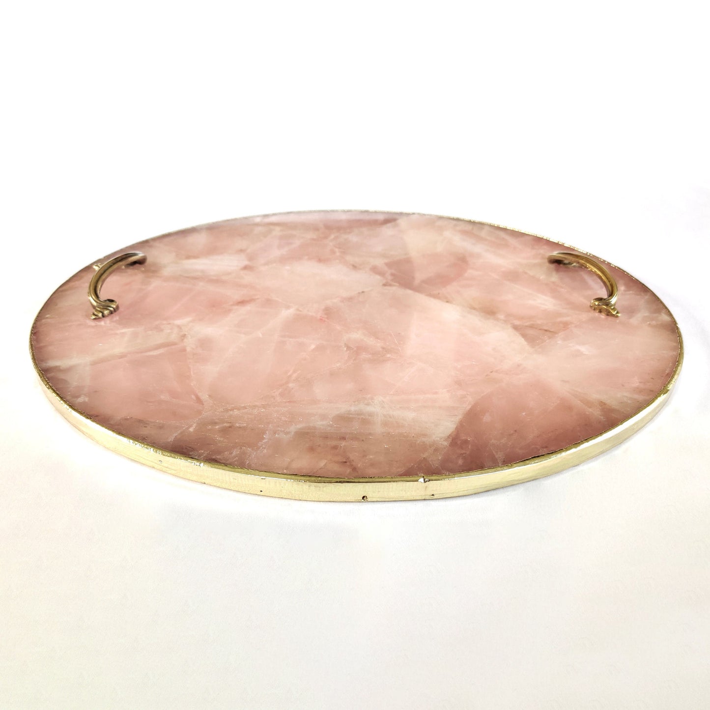 Rose Quartz Agate | Serving Tray With Brass Handles | Circular |