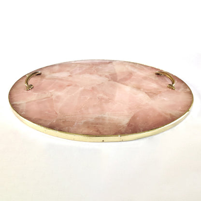 Rose Quartz Agate | Serving Tray With Brass Handles | Circular |
