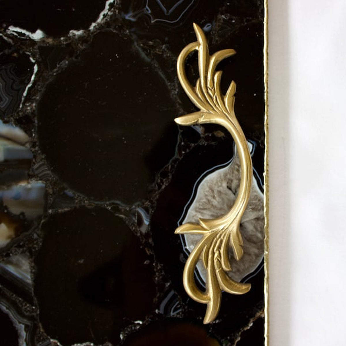 Twelve inch black agate tray with brass carry handles