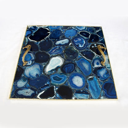 Blue Agate Serving Tray With Brass Handles | Square