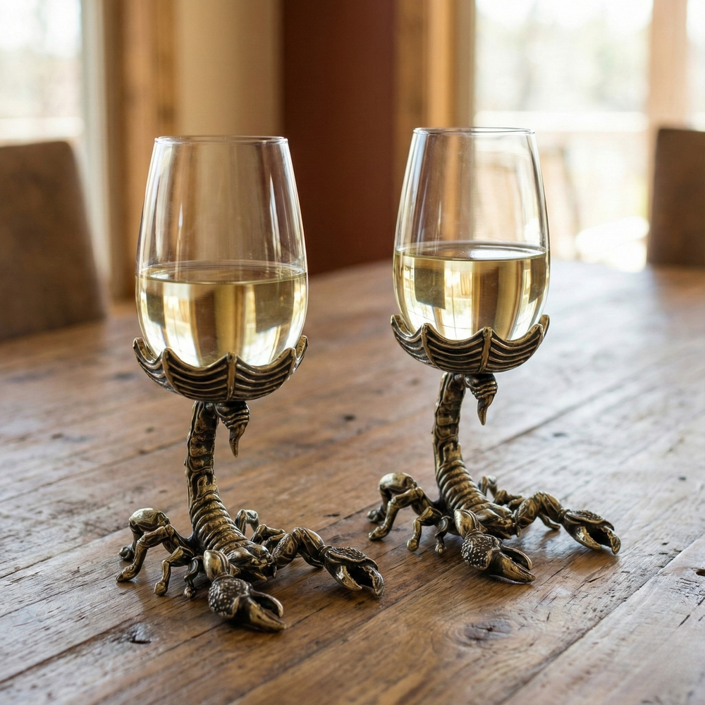 Two antique brass scorpion wine glasses with white wine on a wooden table