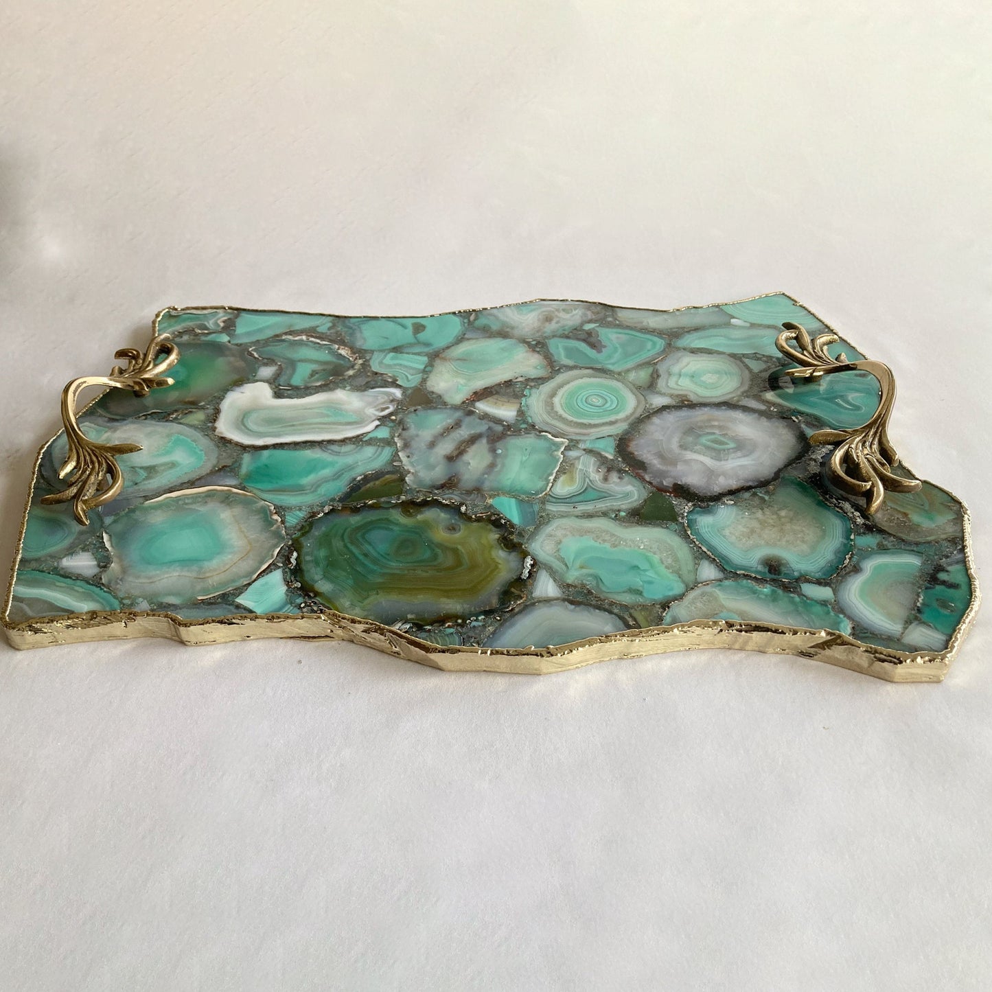 Large Green Agate Serving Tray With Brass Handles/Personalised Momentos/Sign Boards 10"x15"