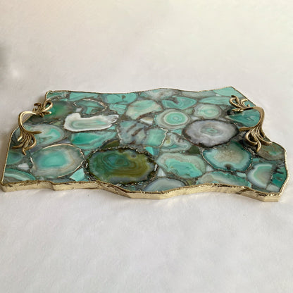 Large Green Agate Serving Tray With Brass Handles/Personalised Momentos/Sign Boards 10"x15"