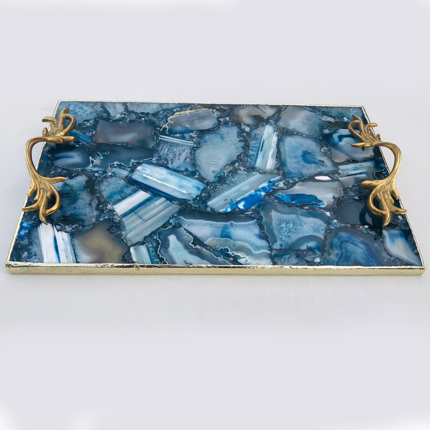 Blue Agate  Serving Tray With Brass Handles
