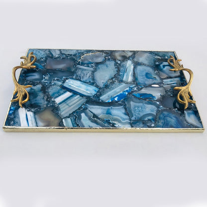 Blue Agate  Serving Tray With Brass Handles
