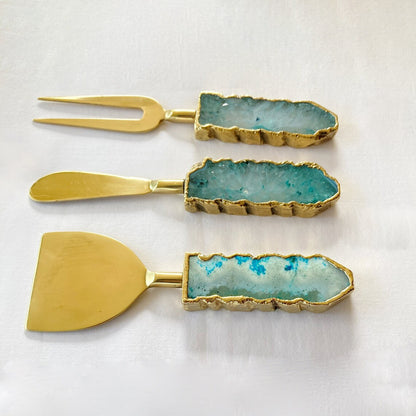 Set of 3 Aqua Agate Cheese Knives/Spreaders