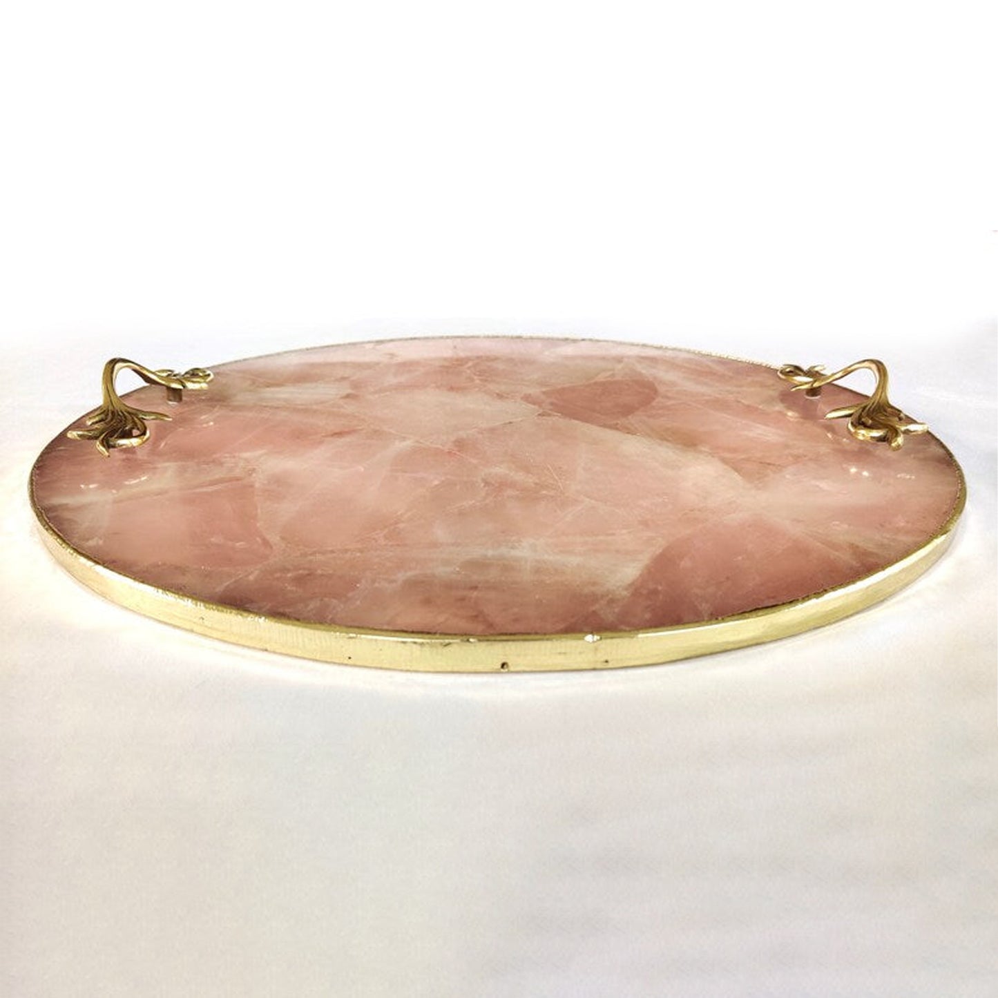 Rose Quartz Agate | Serving Tray With Brass Handles | Circular |