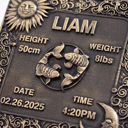 Personalized Brass Birth Plaque Tile for New Borns | Brass Zodiac Sun Sign Plaques | Antique Gold Finish