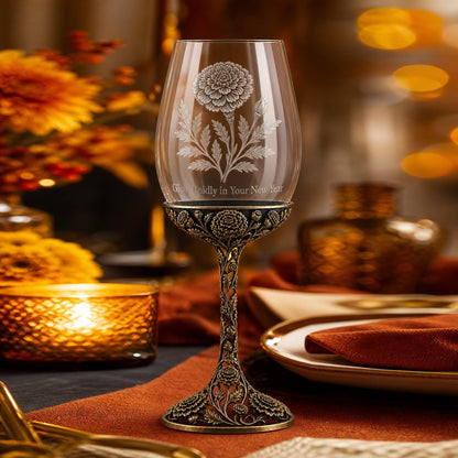 October Marigold Wine Glass, Personalised Birth Flower, Openwork Brass Stem, Custom Etched Gift