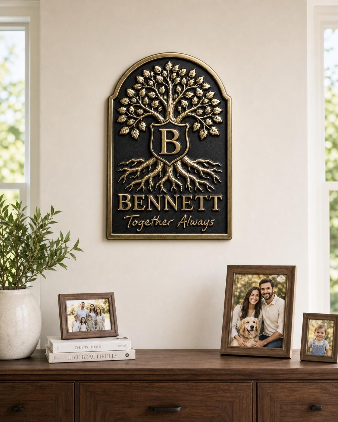 Design Your Own Family Tree Crest Plaque | Custom Surname & Motto | Antique Brass Wall Sign