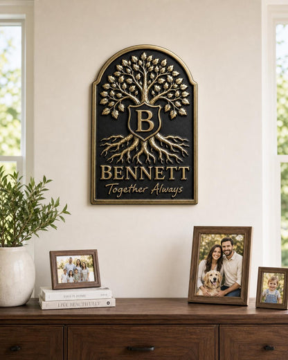 Design Your Own Family Tree Crest Plaque | Custom Surname & Motto | Antique Brass Wall Sign