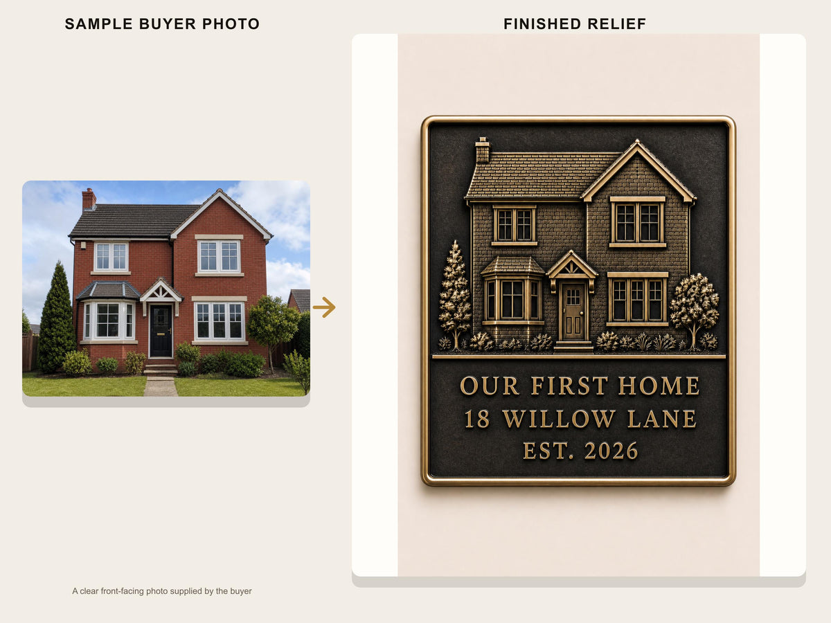 Custom House Portrait Plaque | Personalised Architectural Relief | Antique Brass Keepsake Gift