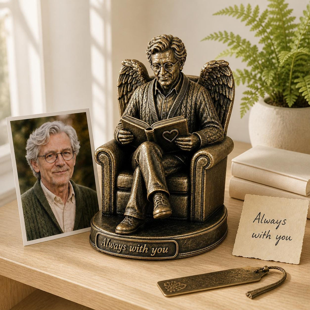 Personalised Reader Memorial Figurine from Photo, Antique Brass Angel Statue, Book Lover Remembrance Gift